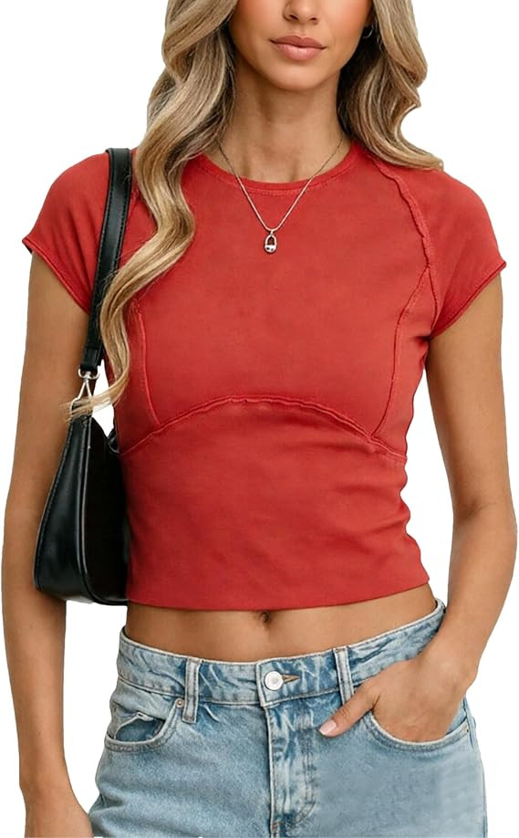 Aimiray Women's Cropped Y2K Baby Tops Fitted Basic T Shirts | Crew Neck,Cotton Fitted Basic T Shi... | Amazon (US)