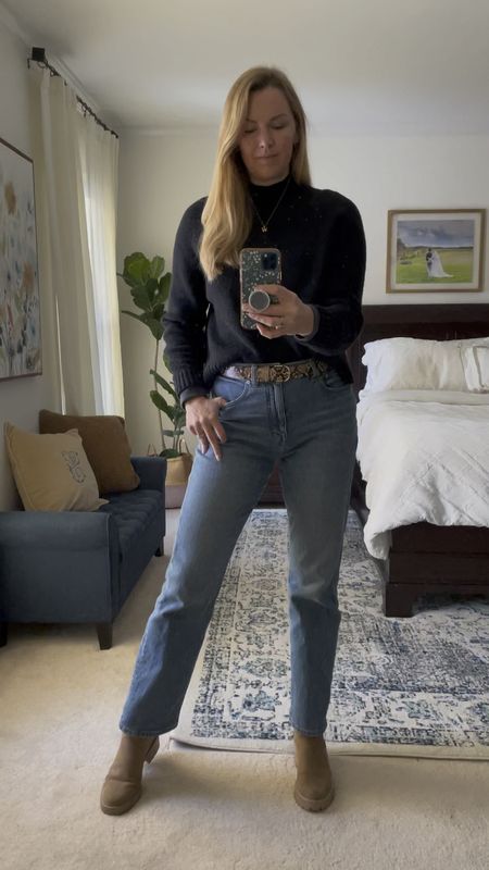 What I wore to work - cozy black mockneck sweater with layering tee underneath for extra winter warmth, straight leg jeans, snakeskin belt & taupe booties with side zippers

Wearing my normal size in everything 

Casual winter work outfit idea 


#LTKfindsunder50 #LTKMostLoved #LTKSeasonal