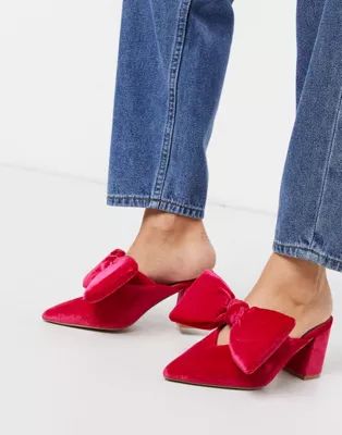 ASOS DESIGN Sweetness block heel bow mules in pink velvet | ASOS (Global)