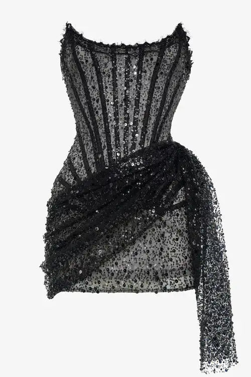 Black sequin corset draped strapless mini dress | Heiress Beverly Hills