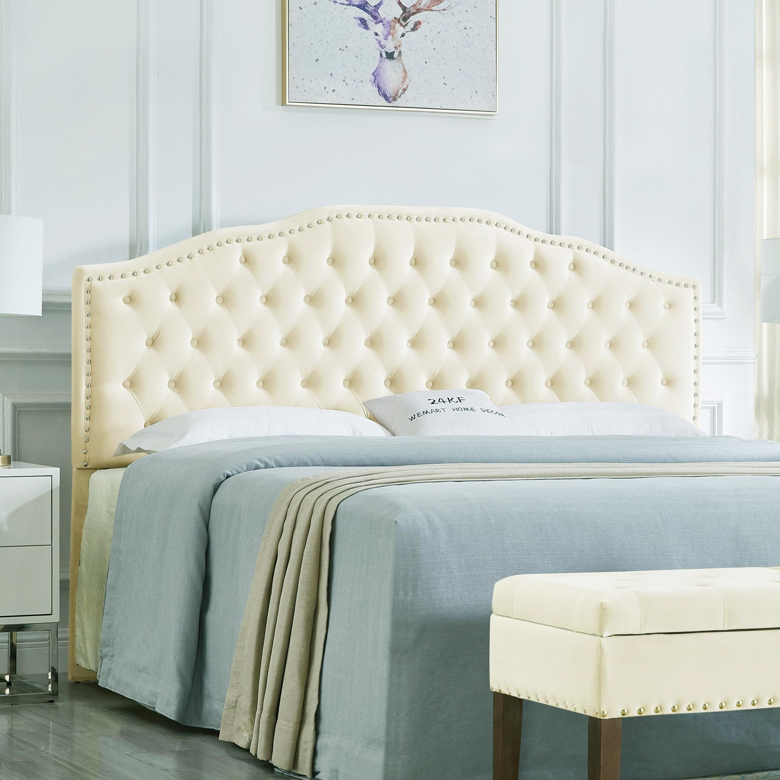 24KF Upholstered Button Tufted King Headboard with Nailhead Trim, Soft Velvet Fabric Headboard Ki... | Amazon (US)