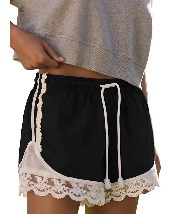 Womens Lace Trim Drawstring Shorts Casual Elasticated Summer Y2K Beach Bottoms Athletic Shorts | Amazon (US)