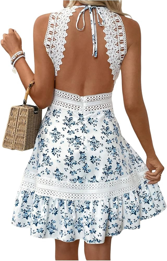 Floerns Women's Contrast Lace Sleeveless Halter Dress Backless Vacation A Line Dress | Amazon (US)