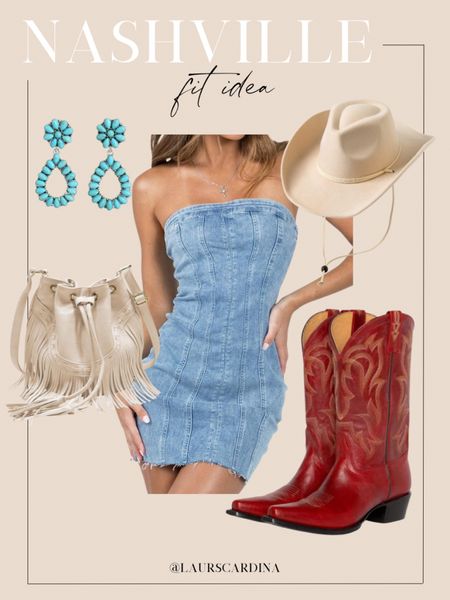 This Nashville fit idea includes a strapless denim mini dress, rust cowboy boots, a tan bag, tan cowboy hat, and turquoise dangling earrings. 

Ootd, vacation style, Nashville outfit, concert outfit, country concert outfit 

#LTKfindsunder50 #LTKshoecrush #LTKstyletip