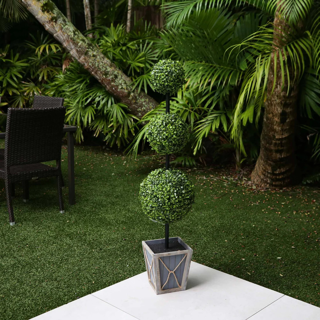 45" UV Resistant Artificial Triple Ball Boxwood Topiary with LED Lights in Decorative Planter (In... | Nearly Natural