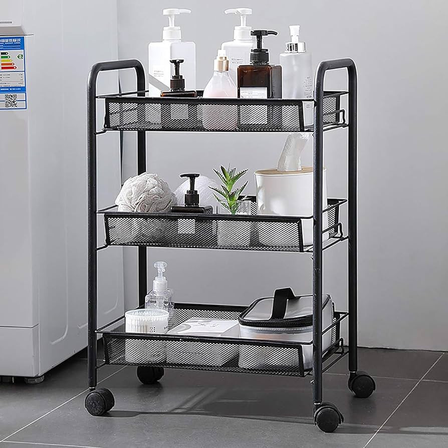 3-Tier Kitchen Trolley Rolling Cart on Lockable Wheels Storage Rack with Metal Mesh Basket Vegeta... | Amazon (US)