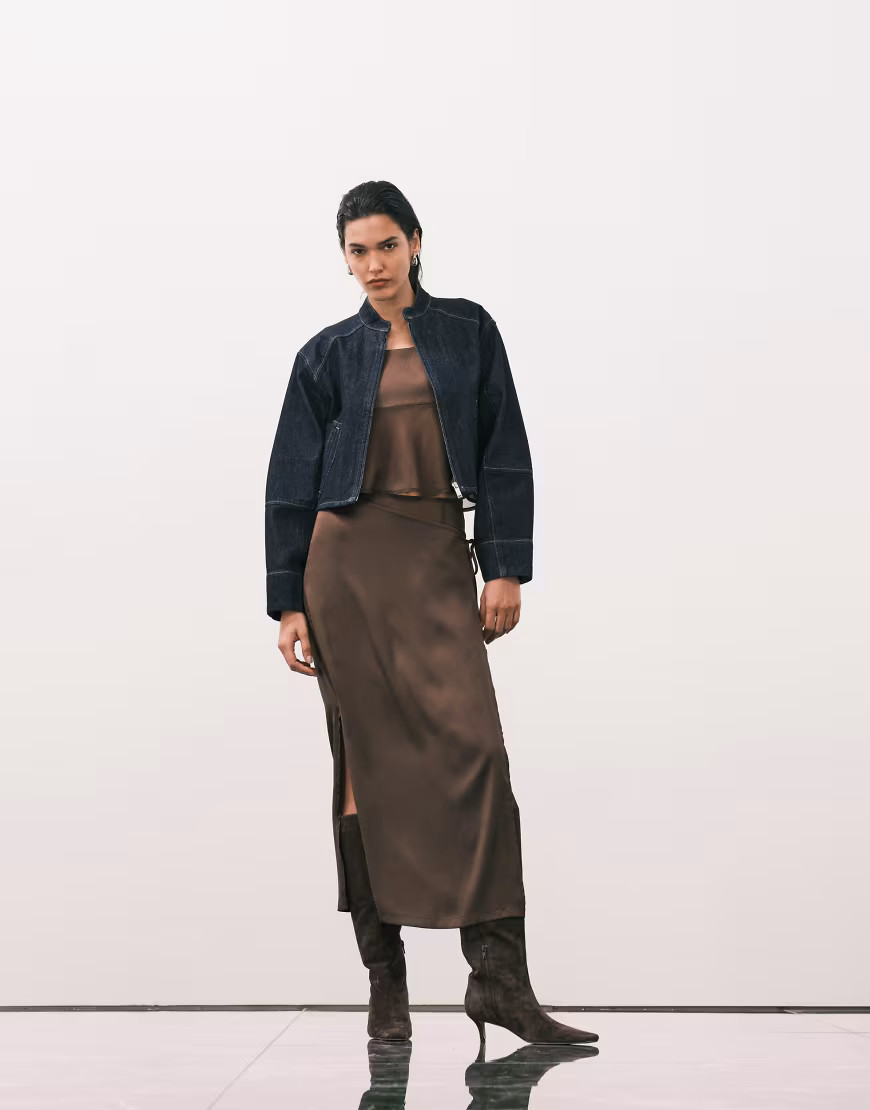 ASOS DESIGN satin wrap co-ord skirt in brown | ASOS (Global)