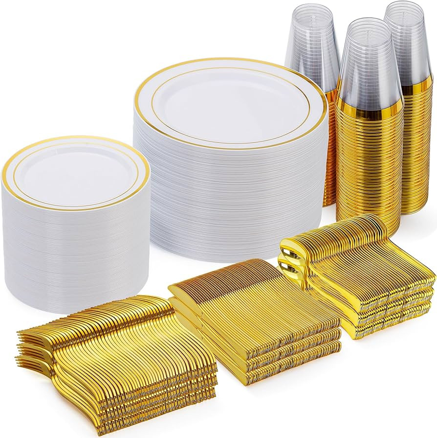 Goodluck 600 Pieces Gold Disposable Plates for 100 Guests, Plastic Plates for Party, Dinnerware S... | Amazon (US)