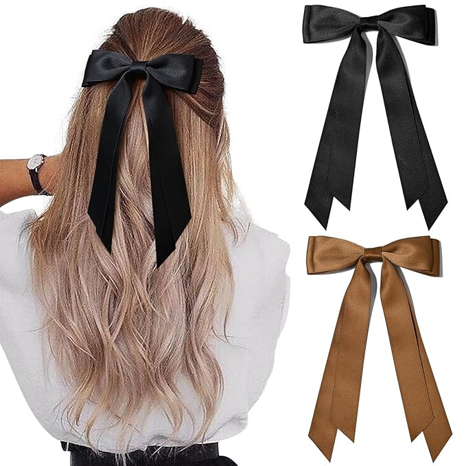 2PCS Silky Satin Hair Bows Hair Clip Black Brown Hair Ribbon Ponytail Holder Accessories Slides M... | Amazon (US)
