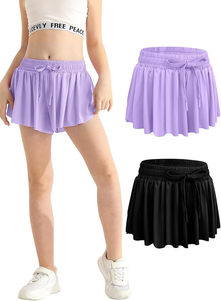 Girls Flowy Athletic Shorts with Pocket Drawstring 2 in 1 Quick Dry Butterfly Skirts for Running,... | Amazon (US)