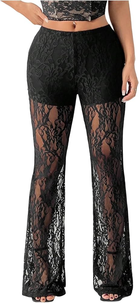 GORGLITTER Women's Plus Size Floral Lace Sheer Rave Pants Sexy High Waisted Mesh Flare Pants | Amazon (US)