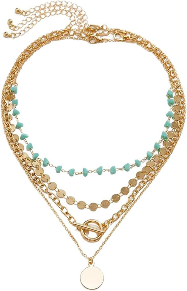 Boho Layered Gold Turquoise Necklace for Women Multi Strand Western Beach Jewelry Stackable Chain... | Amazon (US)