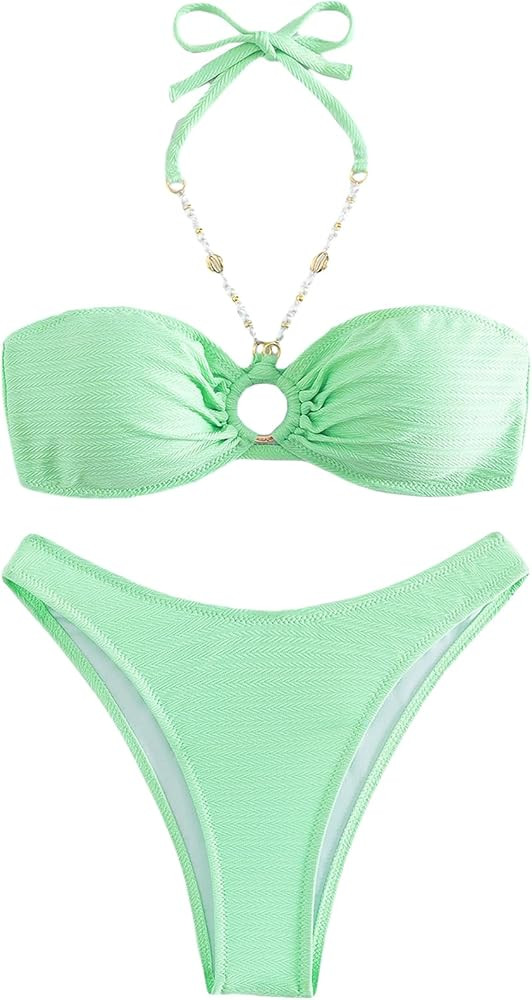 COZYEASE Women's 2 Piece Ring Linked Ruched Bust Pearls Chain Halter Wireless Swimsuit Bikini Set | Amazon (US)