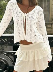 Women's Beach Cover Up Cover Up - Hollow Out Knitted Top With Bow Tie, V-Neck Loose Drop Shoulder... | SHEIN