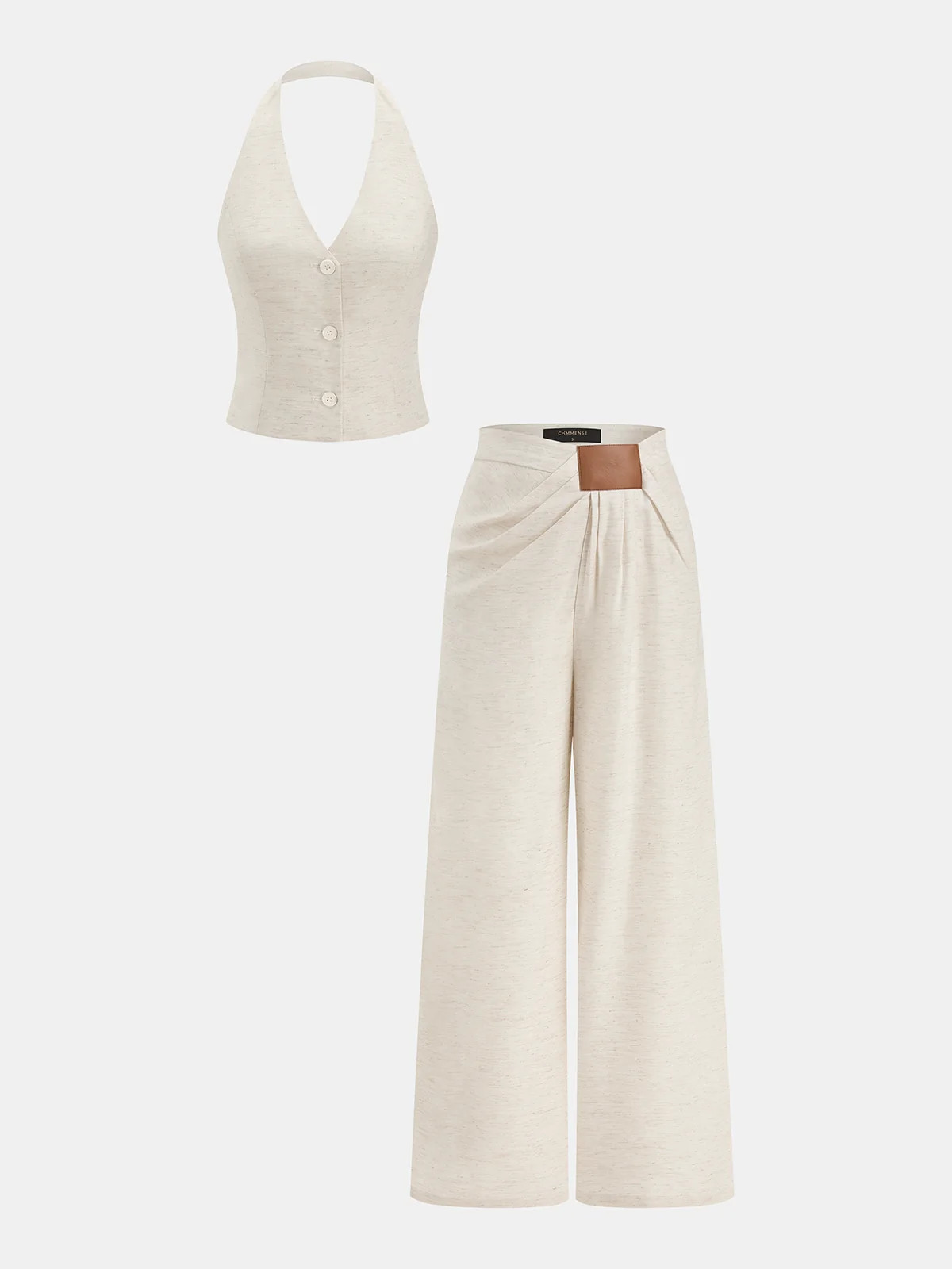 Linen Blend Halter Buttoned Top & Pants Set | Commense