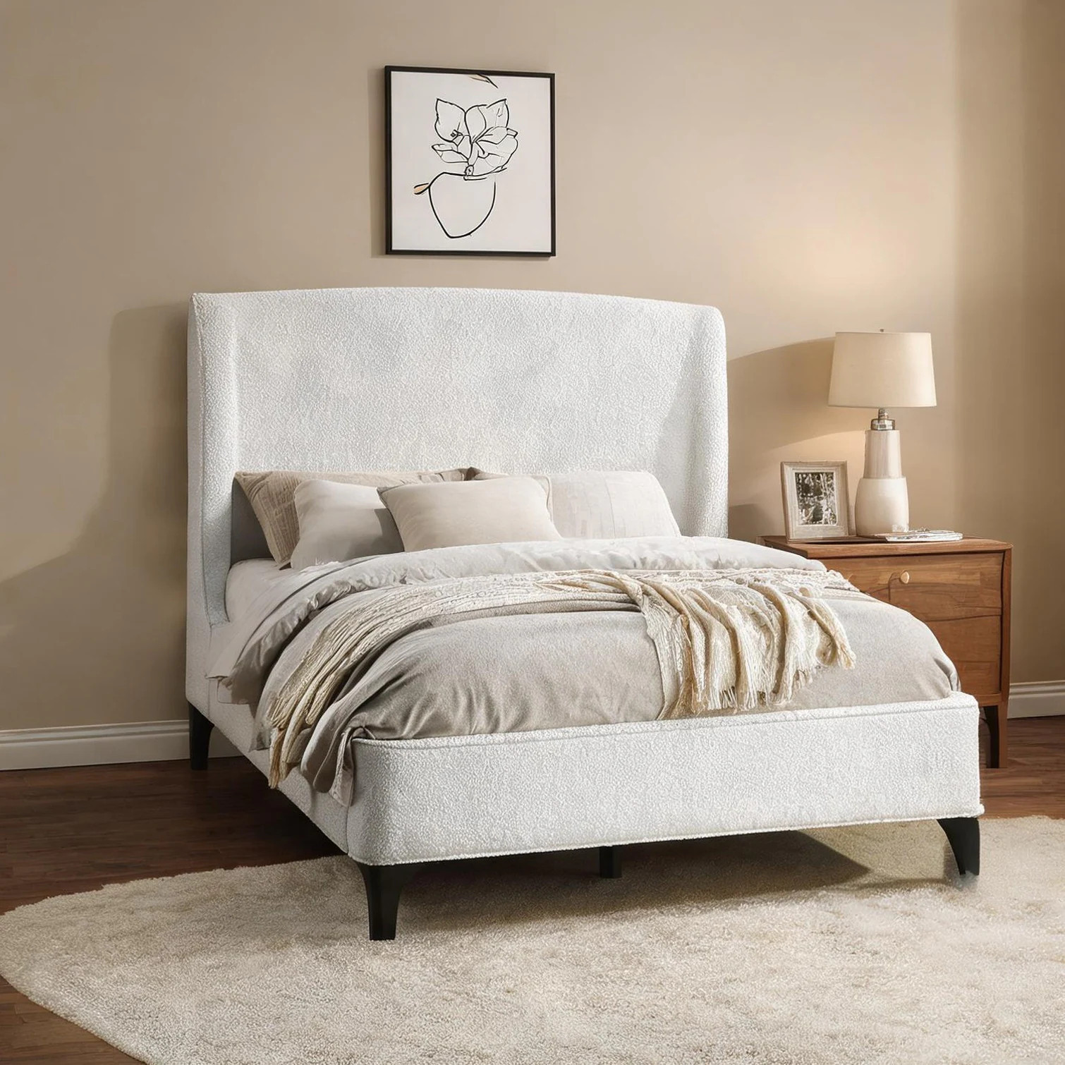 SunJet King Upholstered Bed with Curved Wingback Headboard Beige Finish Low-Profile Frame for Primary Bedrooms one_size | S7SA2RE10BLF | Lowe's