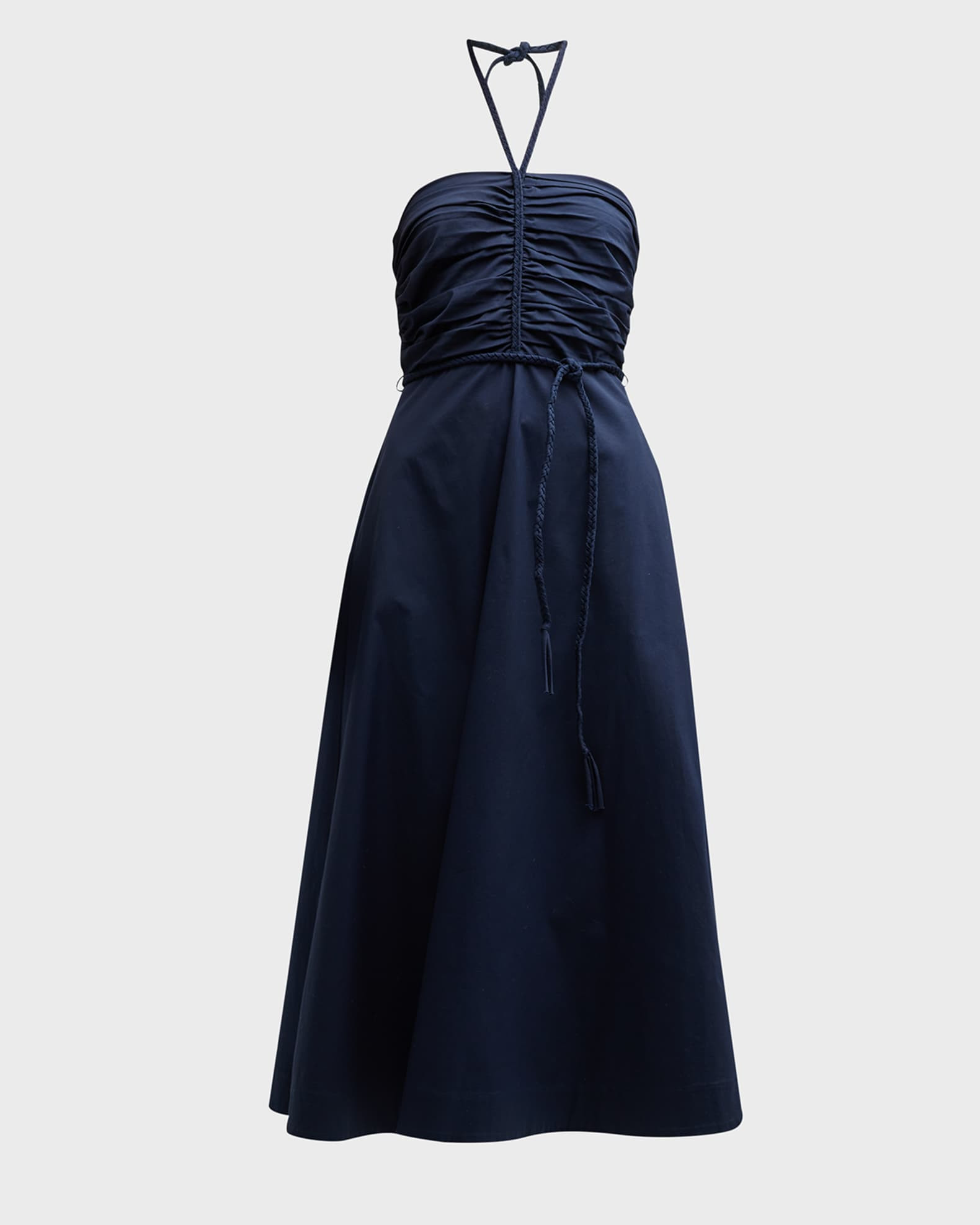 Veronica Beard Tucker Ruched Halter Midi Dress | Neiman Marcus