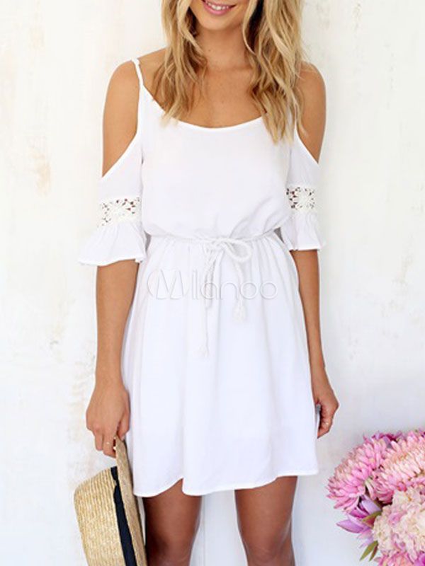White Summer Dress Straps Half Sleeve Cold Shoulder Lace Cotton Mini Dress | Milanoo