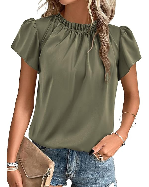 PRETTYGARDEN Womens Summer Satin Casual Ruffle Short Sleeve Crewneck Tops | Amazon (US)
