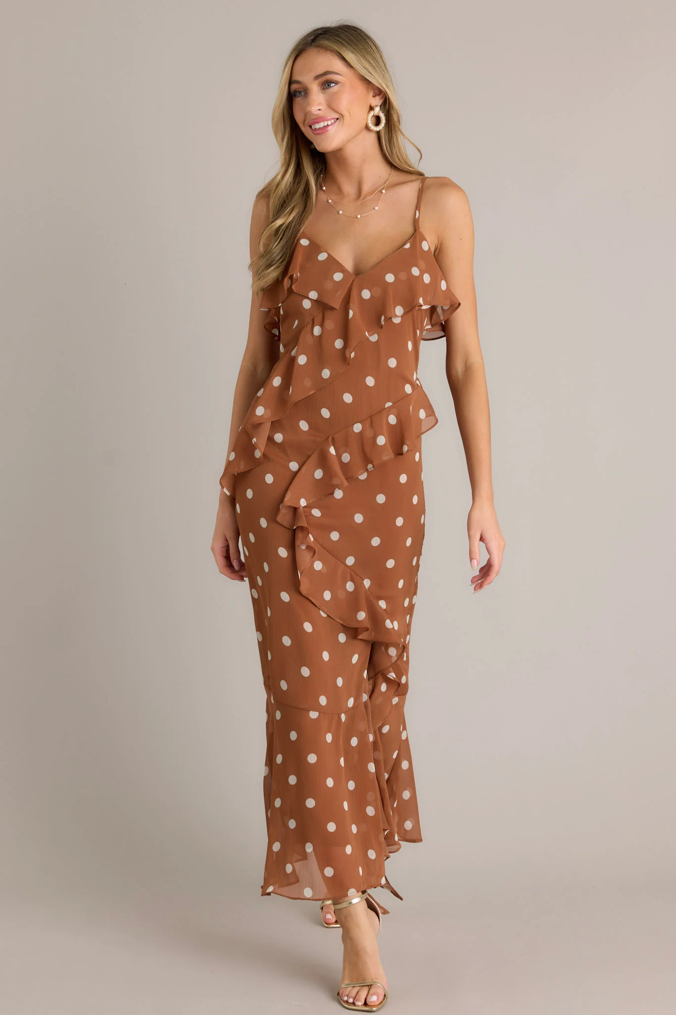 Mystic Moon Copper Polka Dot Ruffle Maxi Dress | Red Dress