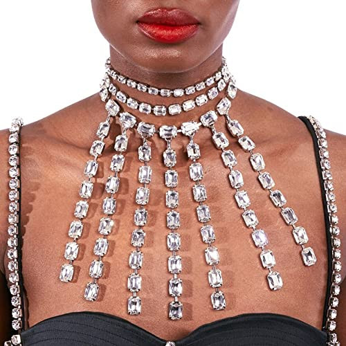 Xerling Large Crystal Tassels Dangling Bohemian Bib Necklaces for Women Oversized Layered Chain Necklaces for Photo Shoot Statement Choker Necklaces (Silver) | Amazon (US)
