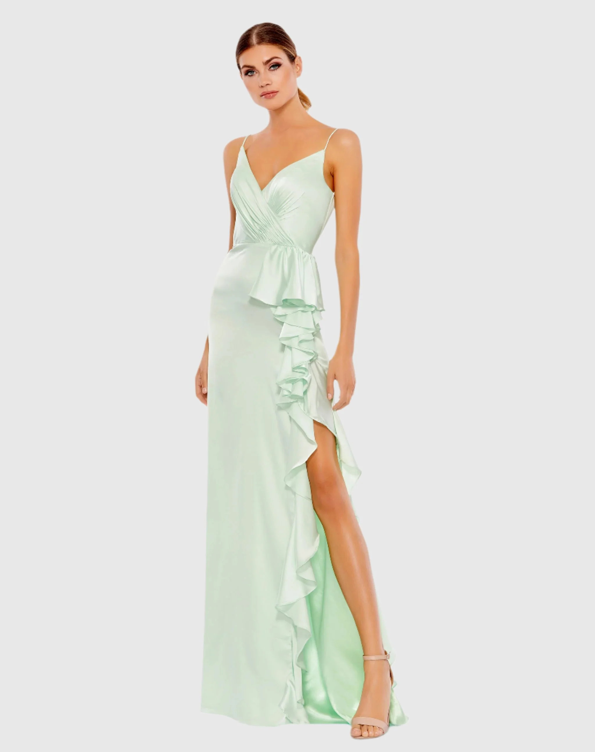 Light Green Satin Ruffled Asymmetrical Gown - Mac Duggal | Mac Duggal