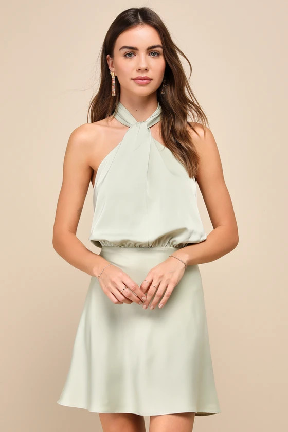 Sleek Essence Sage Green Satin Halter Sleeveless Mini Dress | Lulus