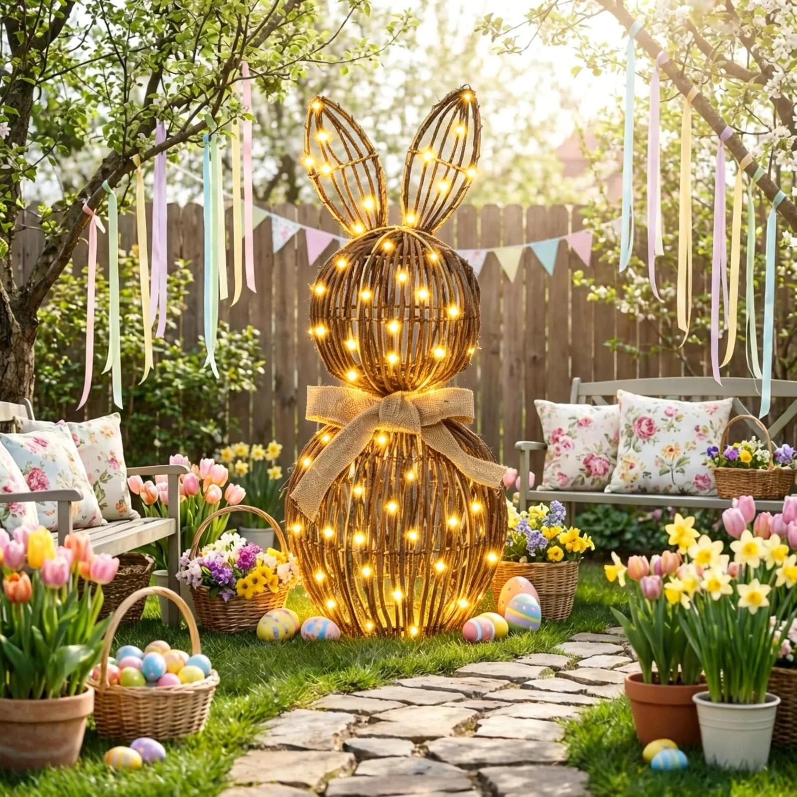 Easter Large 20" Wicker Easter Bunny Lit Light Up Rattan Bunny Outdoor Woven Wicker Rabbit Topiar... | Walmart (US)