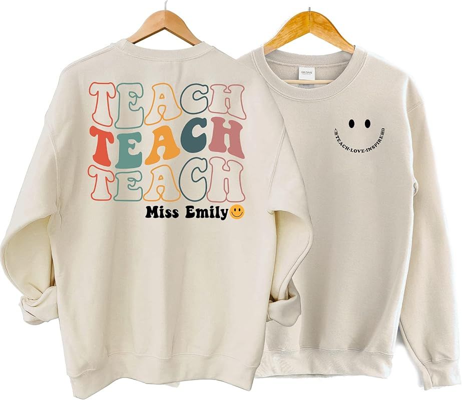 Personalized Teacher Sweatshirt - Custom Name Teach Love Inspire Smiley Face 2 Sided Sweater | Amazon (US)