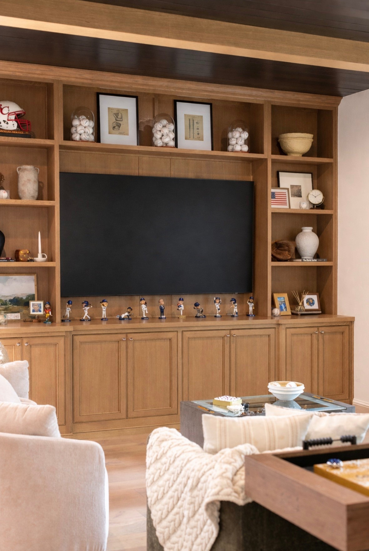 Baseball themed game room. One of my favorite styling elements to date… glass cloches used to display baseballs 😍⚾️🧢