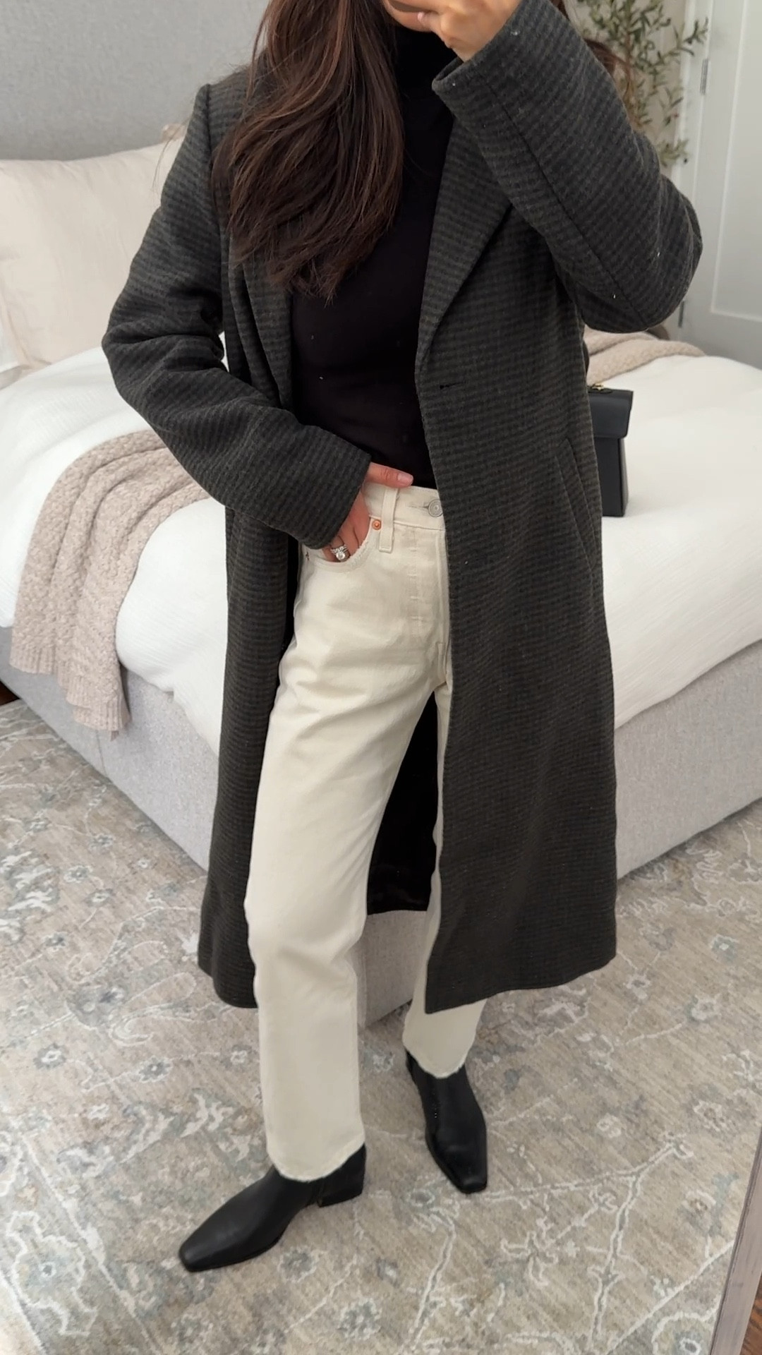 Boots are on sale - I just confirmed that nordstorm will price match Macys ‘ sale on these boots if you live chat customer service after placing the order!

• Steve Madden Dusty bootie 5.5, TTS, zero break in needed

• trying on Mango Teen long check coat XS, to convert teen to women’s sizing add 1 to your usual size - I am typically a XXS in women’s and the XS fits me well

 • Levi’s 501 cropped jeans in ecru white 24x26, their original vintage jeans, a little more roomy than the wedgie straight from the hips through the thighs

• Calfune stance bag

• BP sunglasses

Winter outfit, outfits with white jeans, petite friendly

#LTKSeasonal #LTKWorkwear #LTKPetite