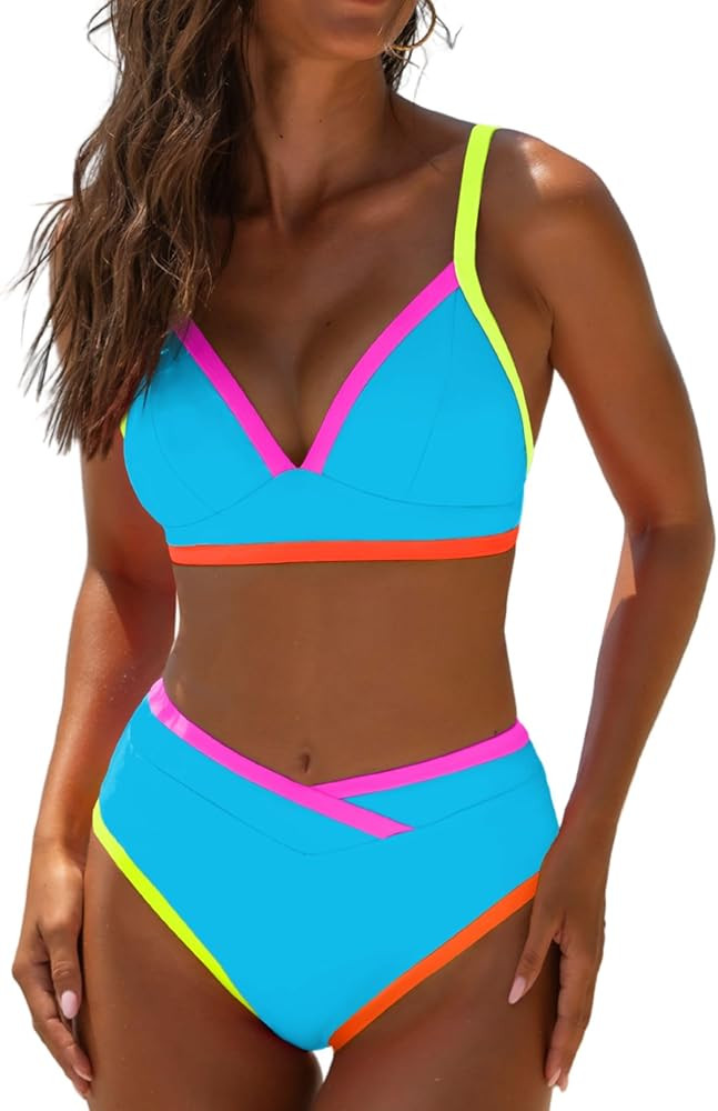 popvil High Waisted Bikini Sets for Women Neon Two Piece Swimsuit Sexy High Cut 2026 Bathing Suit | Amazon (US)