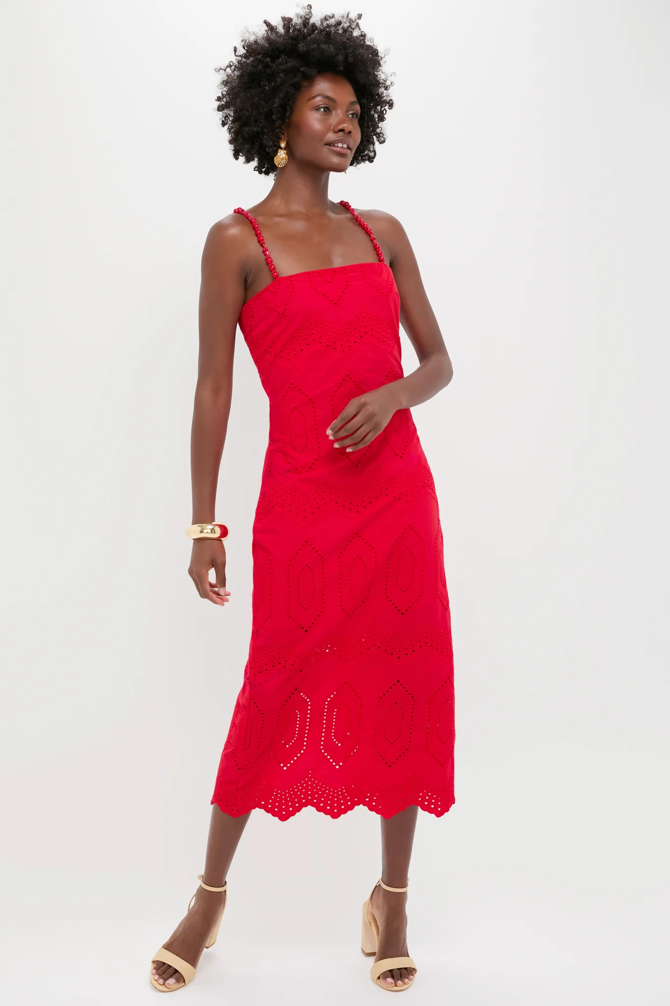 Red Eyelet Beaded Strap Midi Ibiza Dress | Tuckernuck (US)