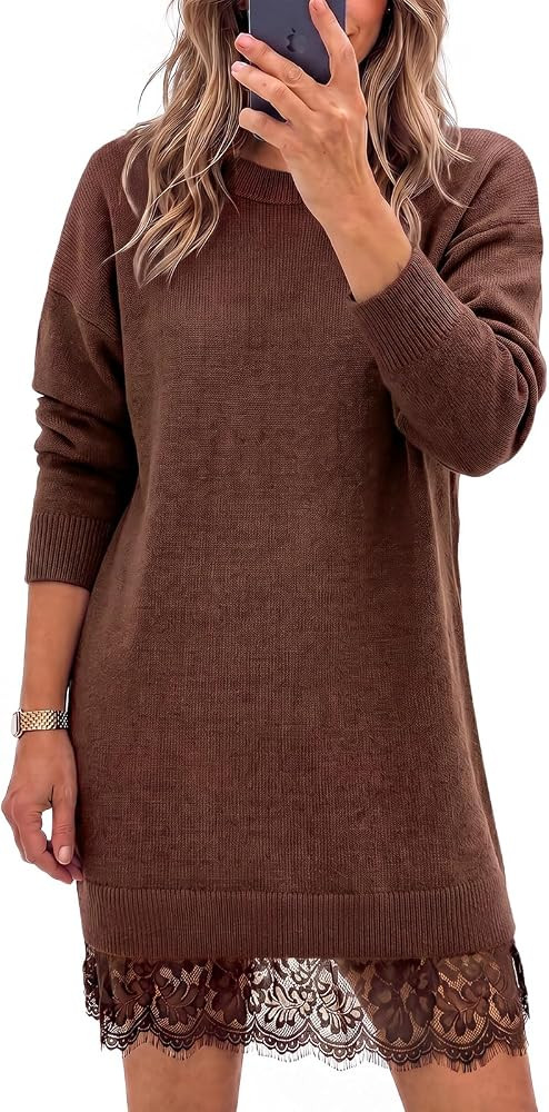 Wenrine Womens Fall Long Sleeve Lace Casual Knit Sweater Mini Dress | Amazon (US)