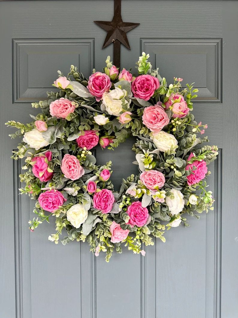 Pink Peony Wreath, Front Door Wreath, Peony Wreath, Farmhouse Wreath, Peony Flowers Eucalyptus La... | Etsy (US)