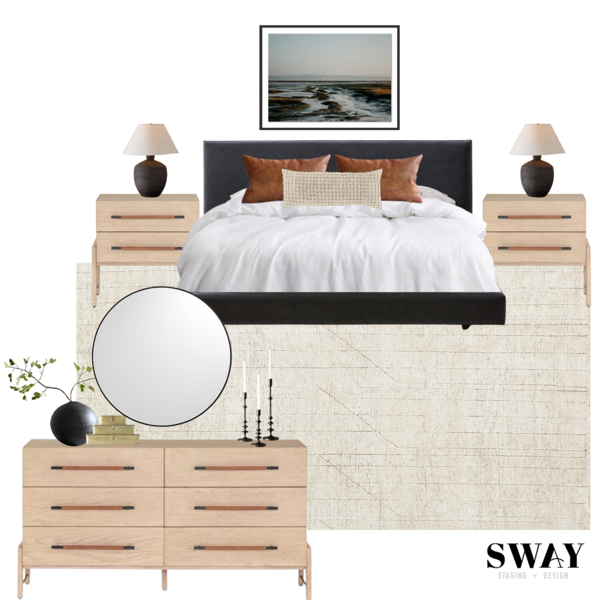 Bedroom mood board design✨ 

Primary bedroom, rug, nightstands, upholstered bed, bedding, dresser, mirror, KathyKuo, table lamps, decor, styling 

#LTKsalealert #LTKhome #LTKstyletip