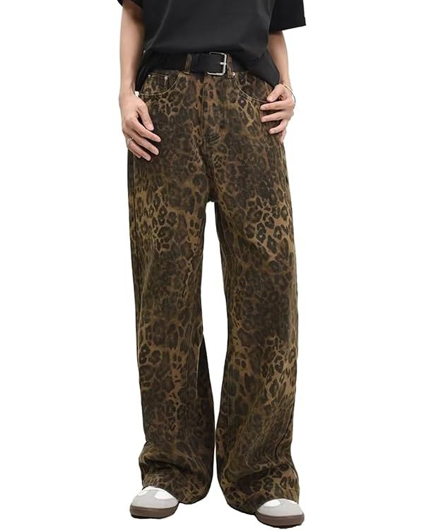 Leopard Print Jeans Cheetah Print Pants Straight Leg Baggy Jeans Y2k Grunge High Waisted Wide Leg... | Amazon (US)