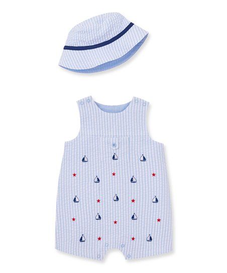 Little Me Blue Sailboat Stripe Shortalls & Bucket Hat - Infant | Zulily