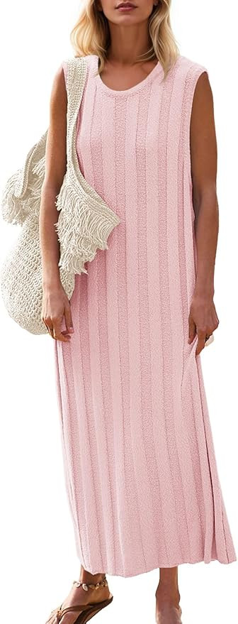 Fisoew Women's Summer Sleeveless Maxi Dress Scoop Neck Ribbed Knit Tank Top Dresses | Amazon (US)