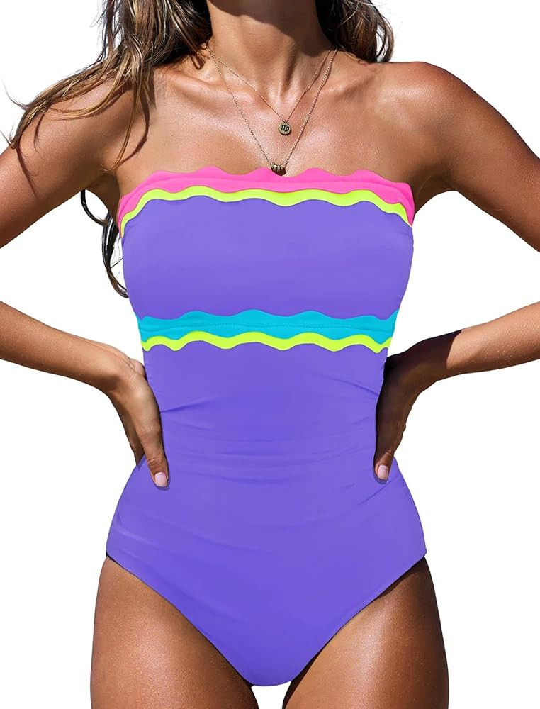 popvil One Piece Swimsuits for Women Tummy Control Strapless Bathing Suits 2026 Neon Bandeau Swim... | Amazon (US)