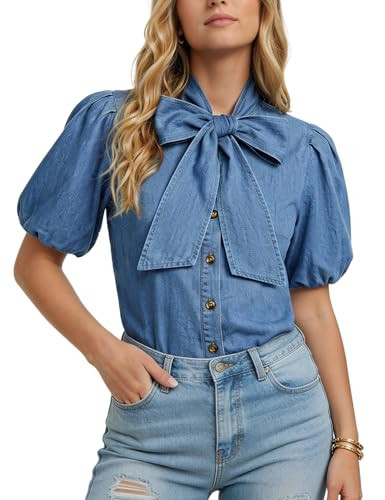 Denim Shirt Women Bow Tie Neck Denim Top Button Down Short Puff Sleeve Work Blouse Casual Jean Shirt | Amazon (US)