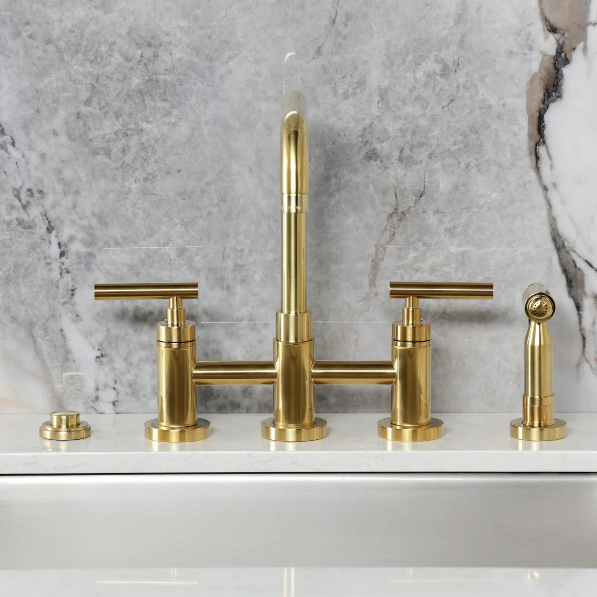 Kingston Brass Manhattan Two-Handle 4-Hole Deck Mount Bridge Kitchen Faucet With Brass Sprayer KS... | Wayfair North America