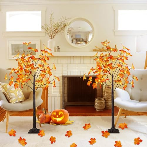 2Pack 4FT 100LED Artificial Lighted Maple Tree, Fall Decorations for Home, Maple Tree with Timer Function Prelit Fall Decor Warm White Light for Indoor Outdoor Fall Harvest Halloween Thanksgiving Day | Amazon (US)