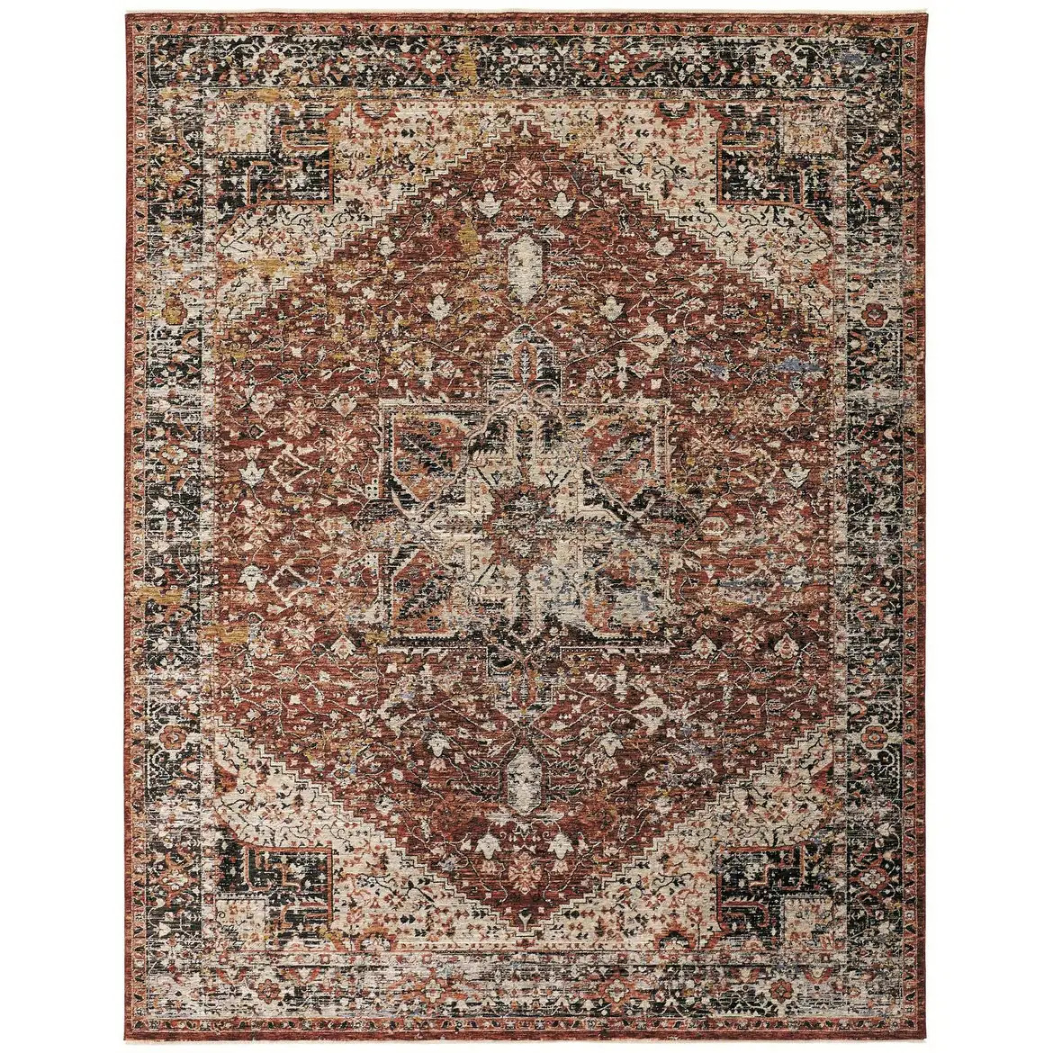 HomeRoots 8' X 10' Red Ivory And Black Abstract Distressed Area Rug With Fringe - 8' x 10' | Bed Bath & Beyond