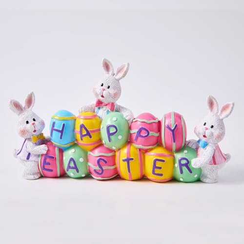 yumhum 3 Bunny Holding Eggs and Happy Easter Decorations, Resin Easter Bunny Rabbits Figurine Tabletop Centerpiece for Spring Decor Easter Home Office Party Decor | Amazon (US)