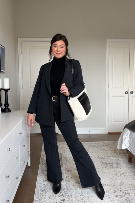 All black business casual outfit with jeans- wearing a medium in the turtleneck bodysuit, large blazer, and 29R jeans  

#LTKshoecrush #LTKstyletip #LTKworkwear