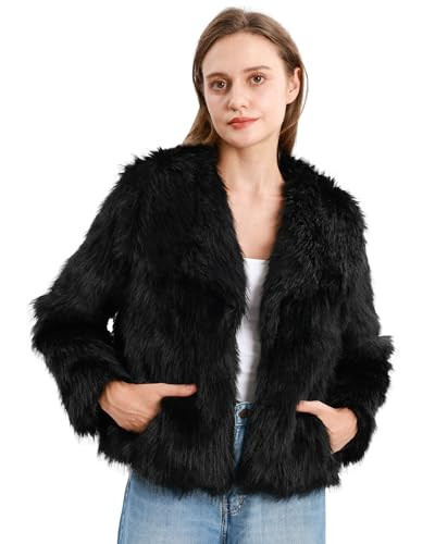 Xintianji Womens Faux Fur Turn-Down Collar Jacket Coat - Open Front Long Sleeve Winter Fuzzy Fleece Coat with Side Pockets Black M | Amazon (US)