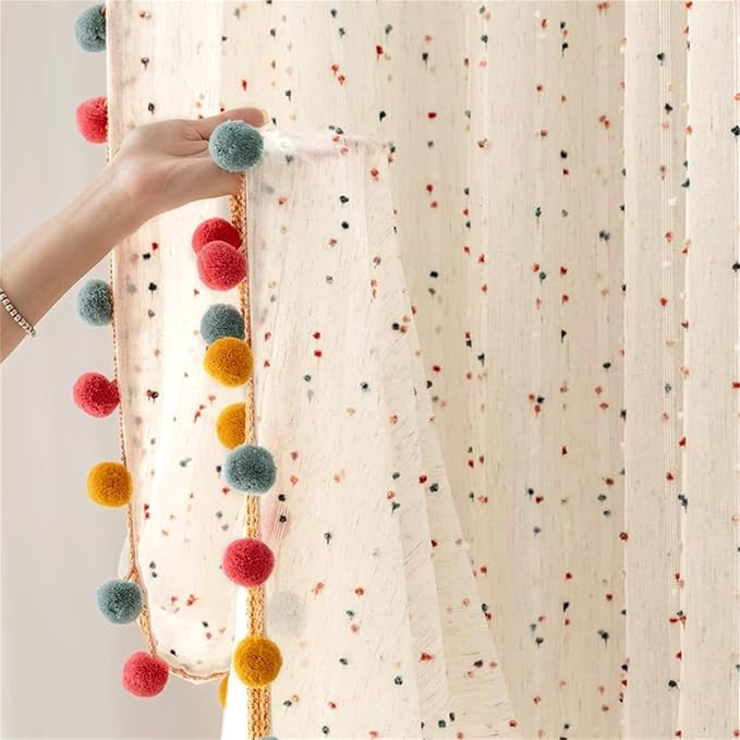 Boho Rainbow Sheer Curtain with Colorful Pom Pom Voile Drapes Light Filtering Faux Linen Stripe P... | Amazon (US)