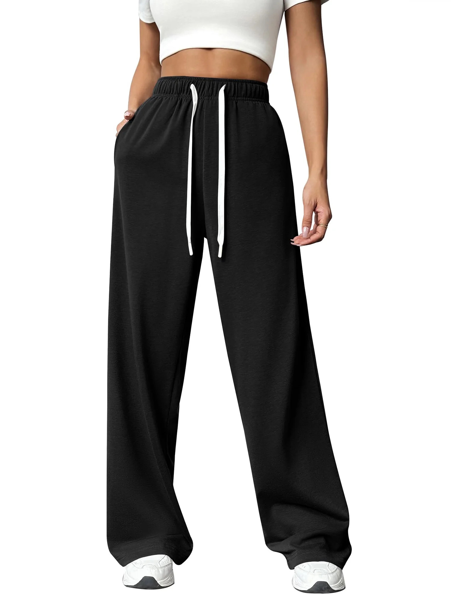 Chiclily Women's Wide Leg Sweatpants Black L Lounge Yoga Pants Drawstring Workout Athletic Jogger... | Walmart (US)