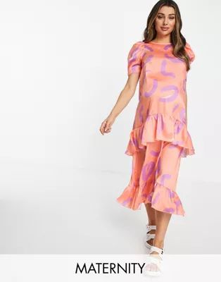 Blume Studio Maternity short sleeve smock midi dress in coral animal | ASOS (Global)